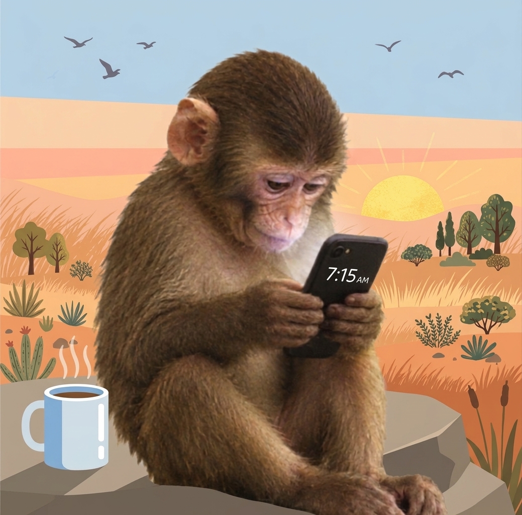 Ape Morning mascot — a monkey checking his phone at sunrise with a cup of coffee